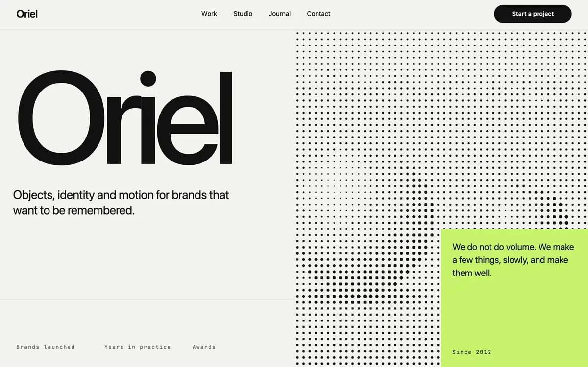Oriel, a studio site: the opening screen